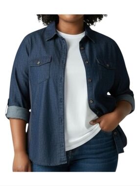 Always Indigo Women's  Blue Denim Button-Front Shirt Blouse Size L